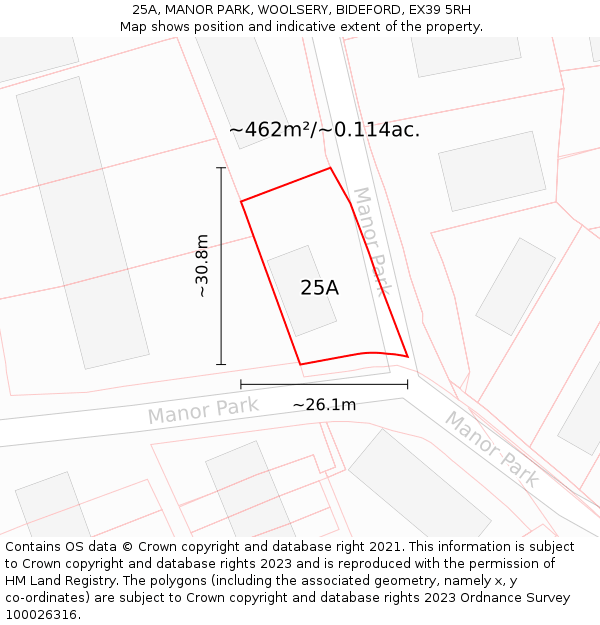 25A, MANOR PARK, WOOLSERY, BIDEFORD, EX39 5RH: Plot and title map