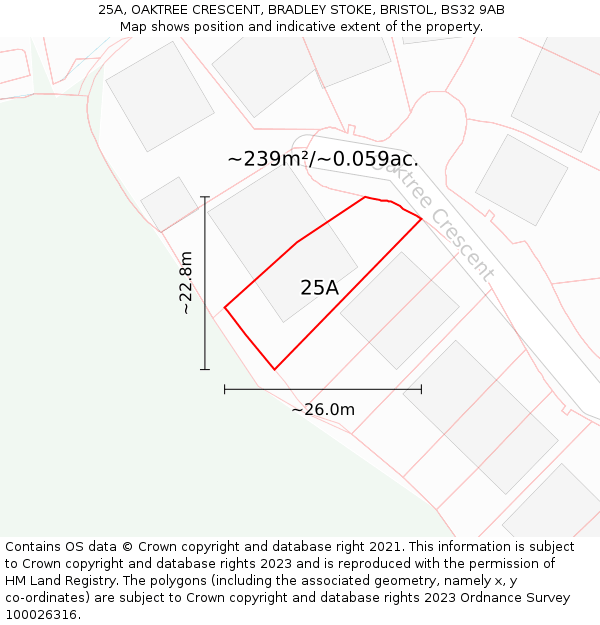 25A, OAKTREE CRESCENT, BRADLEY STOKE, BRISTOL, BS32 9AB: Plot and title map