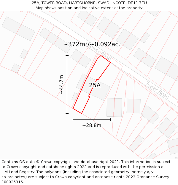 25A, TOWER ROAD, HARTSHORNE, SWADLINCOTE, DE11 7EU: Plot and title map