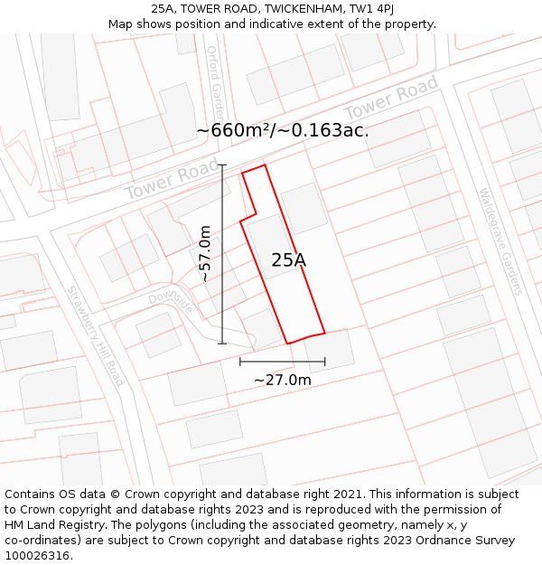 25A, TOWER ROAD, TWICKENHAM, TW1 4PJ: Plot and title map