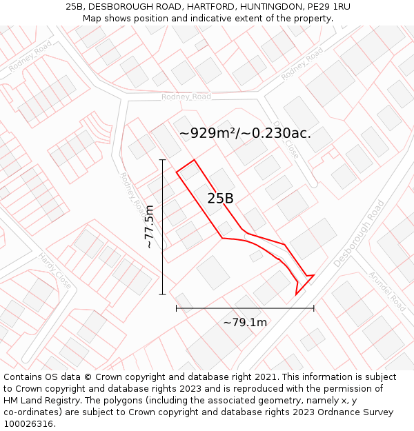 25B, DESBOROUGH ROAD, HARTFORD, HUNTINGDON, PE29 1RU: Plot and title map
