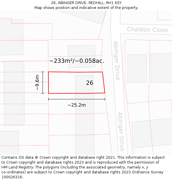 26, ABINGER DRIVE, REDHILL, RH1 6SY: Plot and title map