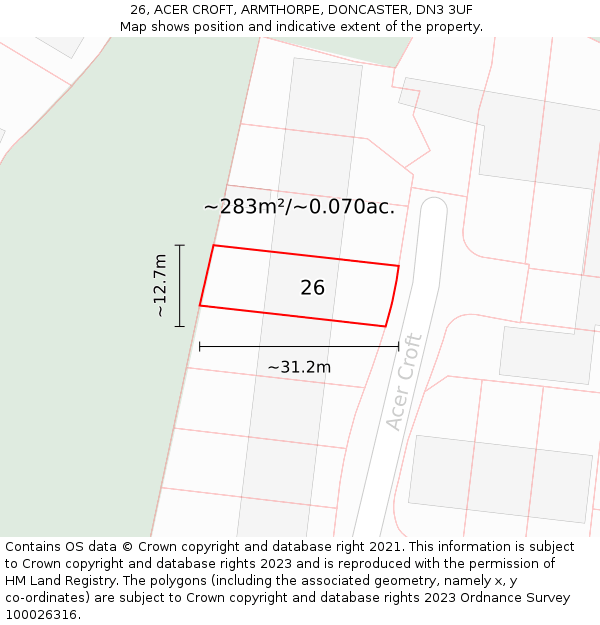 26, ACER CROFT, ARMTHORPE, DONCASTER, DN3 3UF: Plot and title map