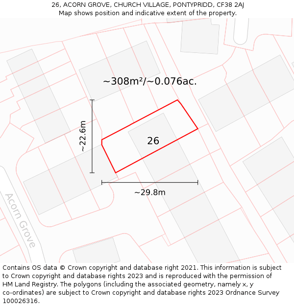 26, ACORN GROVE, CHURCH VILLAGE, PONTYPRIDD, CF38 2AJ: Plot and title map