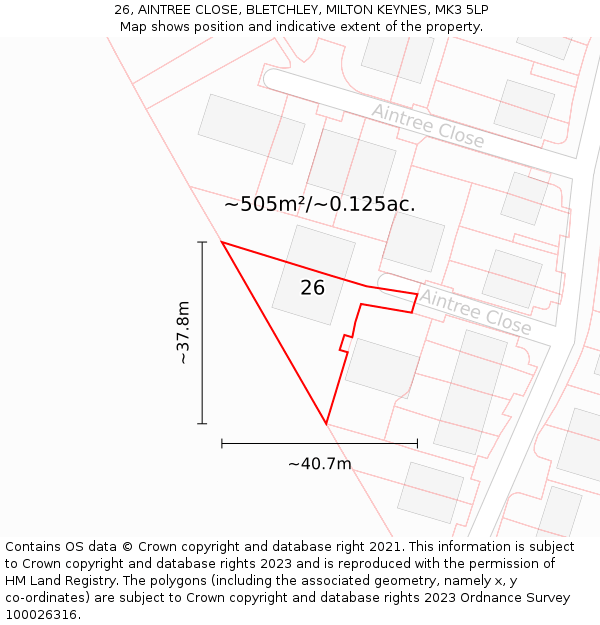 26, AINTREE CLOSE, BLETCHLEY, MILTON KEYNES, MK3 5LP: Plot and title map