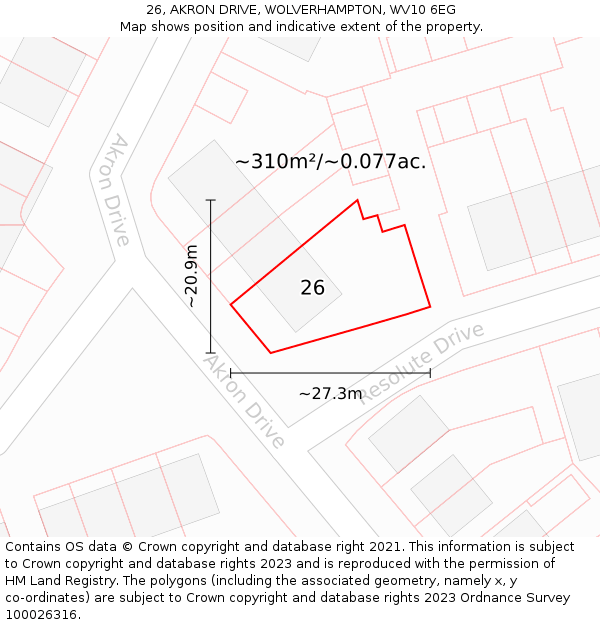 26, AKRON DRIVE, WOLVERHAMPTON, WV10 6EG: Plot and title map