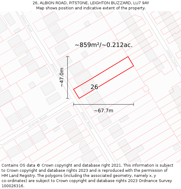 26, ALBION ROAD, PITSTONE, LEIGHTON BUZZARD, LU7 9AY: Plot and title map