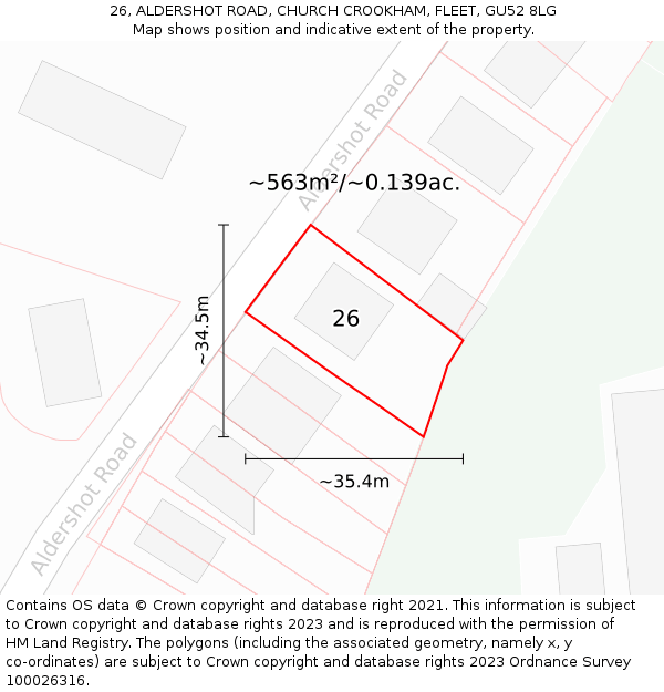 26, ALDERSHOT ROAD, CHURCH CROOKHAM, FLEET, GU52 8LG: Plot and title map