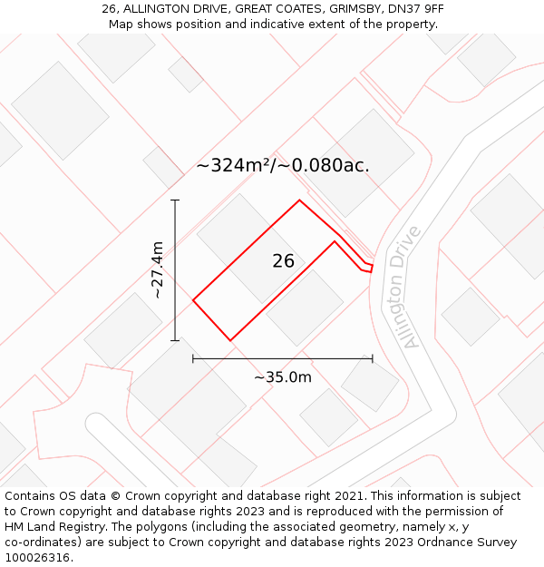 26, ALLINGTON DRIVE, GREAT COATES, GRIMSBY, DN37 9FF: Plot and title map