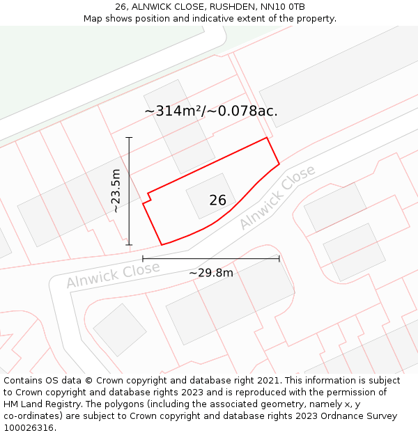 26, ALNWICK CLOSE, RUSHDEN, NN10 0TB: Plot and title map