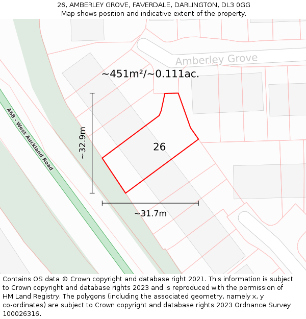 26, AMBERLEY GROVE, FAVERDALE, DARLINGTON, DL3 0GG: Plot and title map