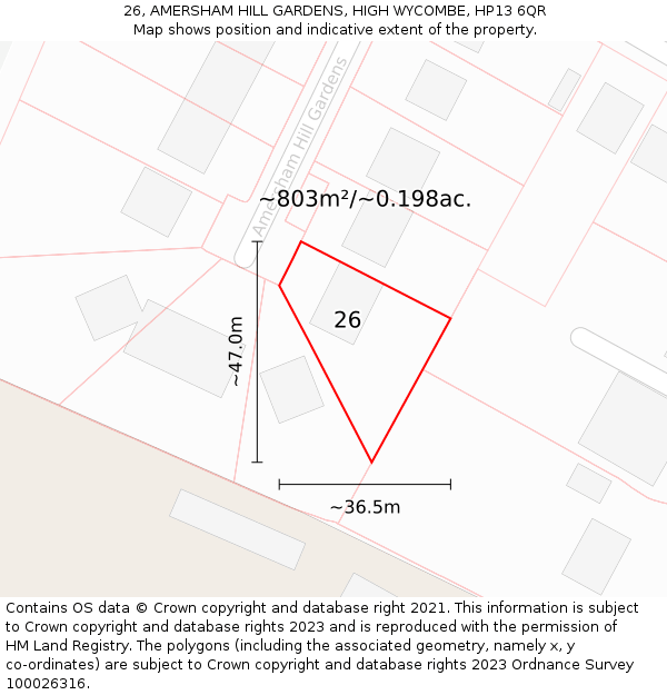 26, AMERSHAM HILL GARDENS, HIGH WYCOMBE, HP13 6QR: Plot and title map