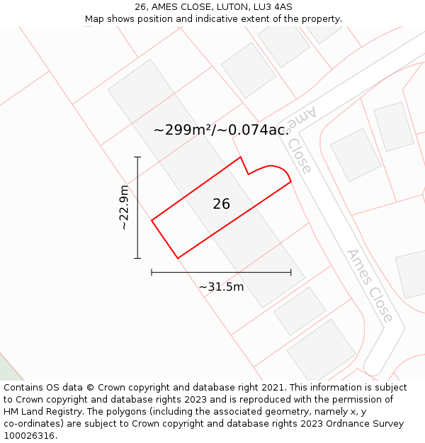 26, AMES CLOSE, LUTON, LU3 4AS: Plot and title map