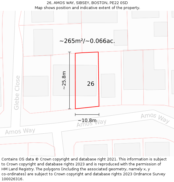 26, AMOS WAY, SIBSEY, BOSTON, PE22 0SD: Plot and title map