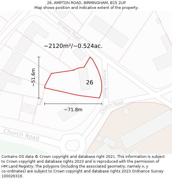 26, AMPTON ROAD, BIRMINGHAM, B15 2UP: Plot and title map