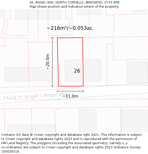 26, ANGEL WAY, NORTH CORNELLY, BRIDGEND, CF33 4PB: Plot and title map