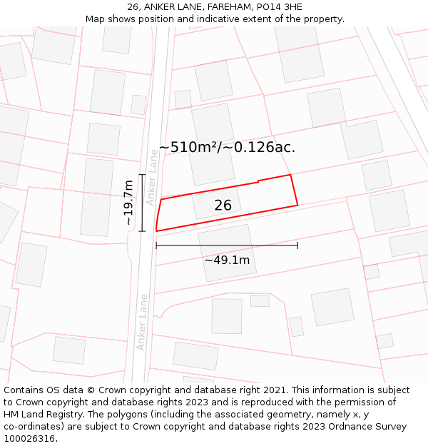 26, ANKER LANE, FAREHAM, PO14 3HE: Plot and title map