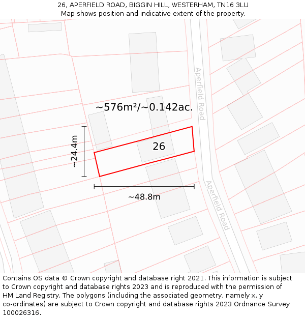 26, APERFIELD ROAD, BIGGIN HILL, WESTERHAM, TN16 3LU: Plot and title map