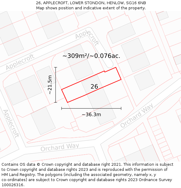 26, APPLECROFT, LOWER STONDON, HENLOW, SG16 6NB: Plot and title map