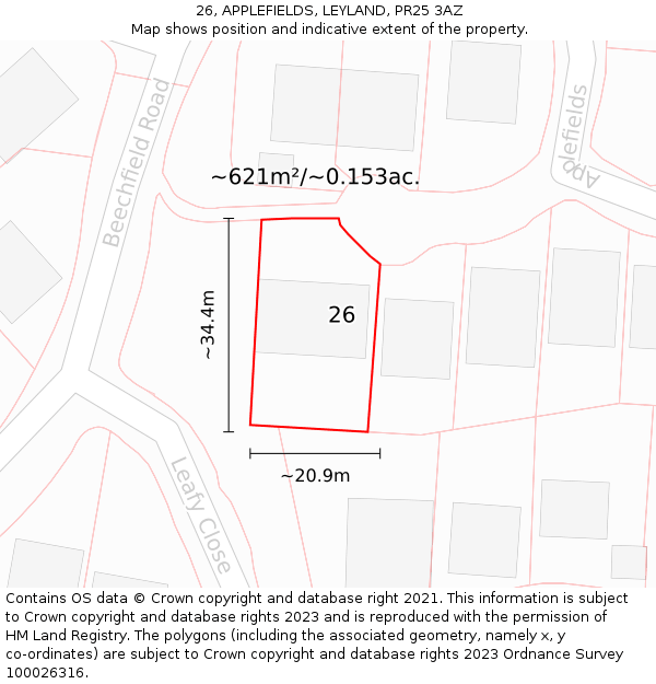 26, APPLEFIELDS, LEYLAND, PR25 3AZ: Plot and title map