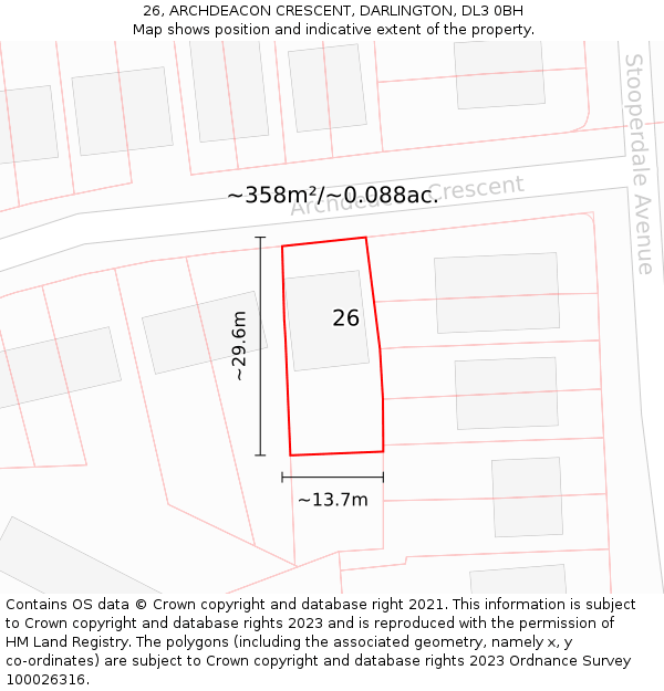 26, ARCHDEACON CRESCENT, DARLINGTON, DL3 0BH: Plot and title map