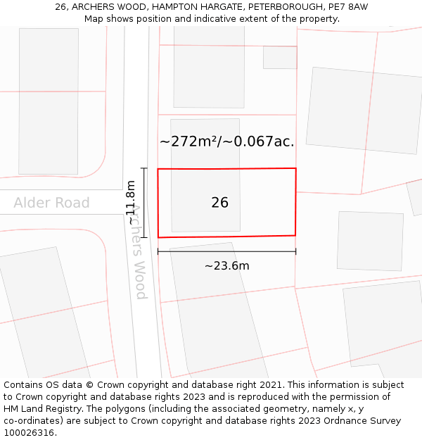 26, ARCHERS WOOD, HAMPTON HARGATE, PETERBOROUGH, PE7 8AW: Plot and title map