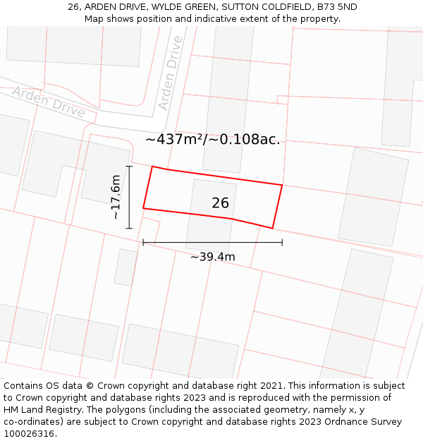 26, ARDEN DRIVE, WYLDE GREEN, SUTTON COLDFIELD, B73 5ND: Plot and title map