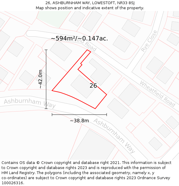 26, ASHBURNHAM WAY, LOWESTOFT, NR33 8SJ: Plot and title map