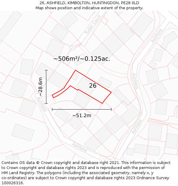 26, ASHFIELD, KIMBOLTON, HUNTINGDON, PE28 0LD: Plot and title map