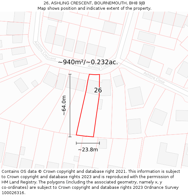 26, ASHLING CRESCENT, BOURNEMOUTH, BH8 9JB: Plot and title map
