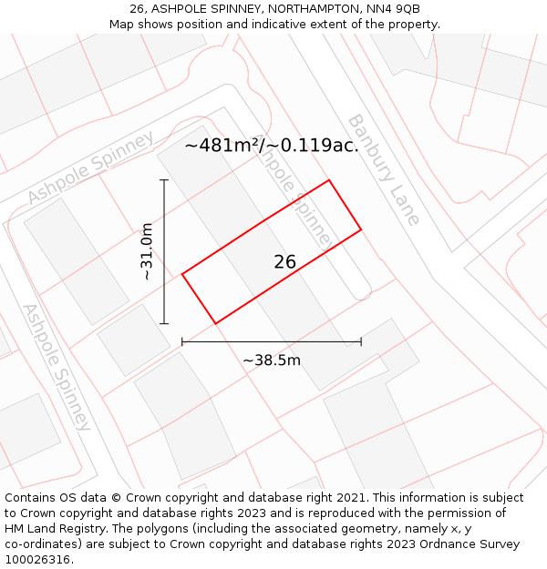 26, ASHPOLE SPINNEY, NORTHAMPTON, NN4 9QB: Plot and title map