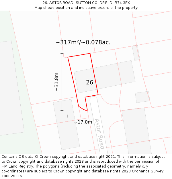 26, ASTOR ROAD, SUTTON COLDFIELD, B74 3EX: Plot and title map