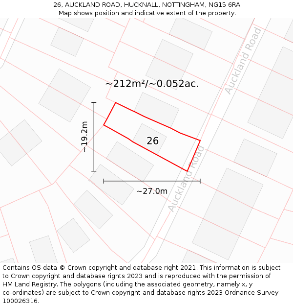 26, AUCKLAND ROAD, HUCKNALL, NOTTINGHAM, NG15 6RA: Plot and title map
