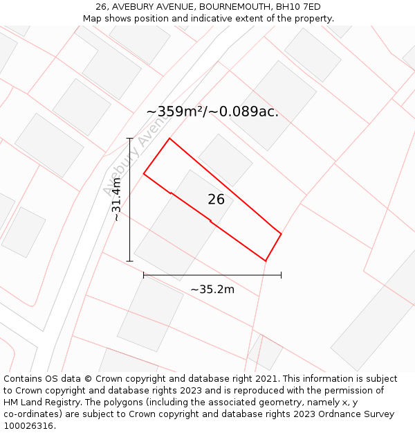 26, AVEBURY AVENUE, BOURNEMOUTH, BH10 7ED: Plot and title map
