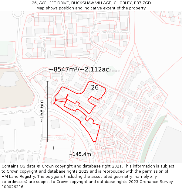 26, AYCLIFFE DRIVE, BUCKSHAW VILLAGE, CHORLEY, PR7 7GD: Plot and title map