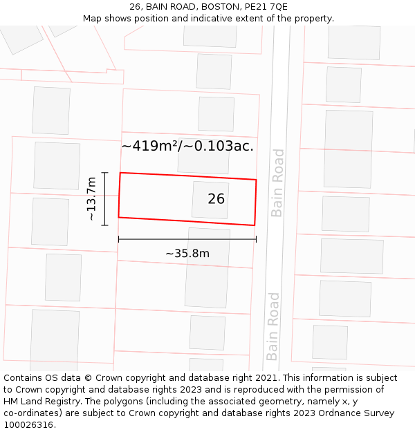 26, BAIN ROAD, BOSTON, PE21 7QE: Plot and title map