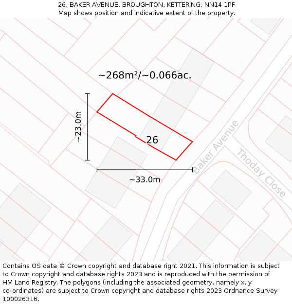 26, BAKER AVENUE, BROUGHTON, KETTERING, NN14 1PF: Plot and title map