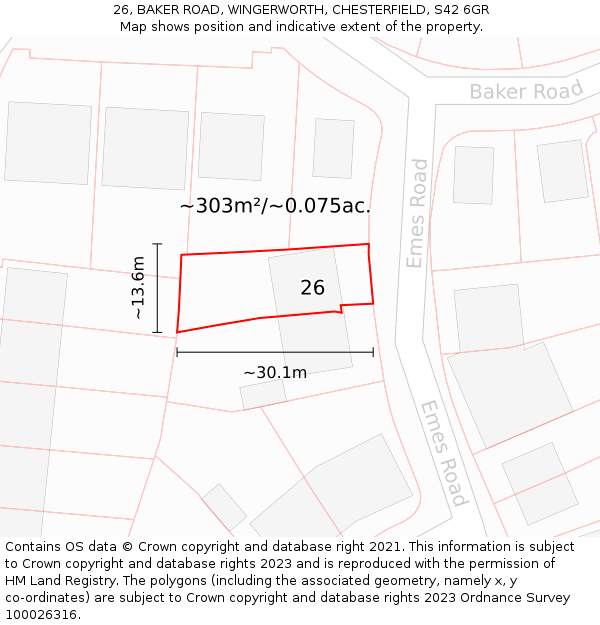 26, BAKER ROAD, WINGERWORTH, CHESTERFIELD, S42 6GR: Plot and title map