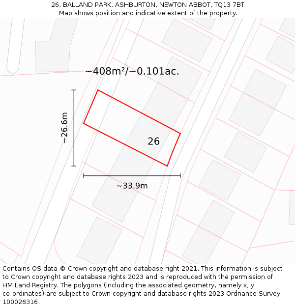 26, BALLAND PARK, ASHBURTON, NEWTON ABBOT, TQ13 7BT: Plot and title map