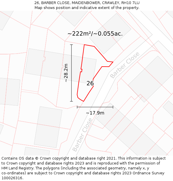 26, BARBER CLOSE, MAIDENBOWER, CRAWLEY, RH10 7LU: Plot and title map