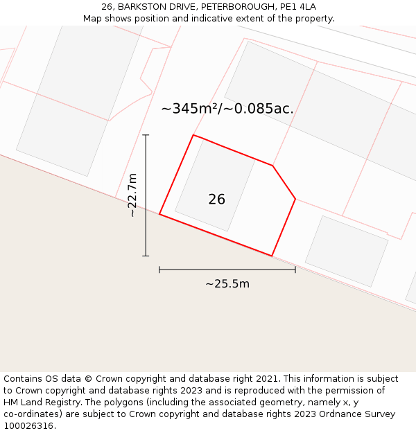 26, BARKSTON DRIVE, PETERBOROUGH, PE1 4LA: Plot and title map