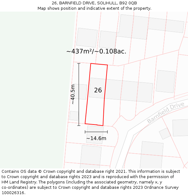 26, BARNFIELD DRIVE, SOLIHULL, B92 0QB: Plot and title map