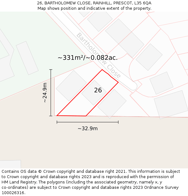 26, BARTHOLOMEW CLOSE, RAINHILL, PRESCOT, L35 6QA: Plot and title map
