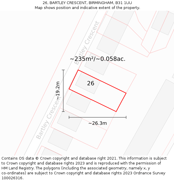 26, BARTLEY CRESCENT, BIRMINGHAM, B31 1UU: Plot and title map