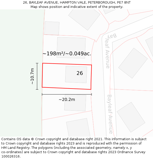 26, BAYLEAF AVENUE, HAMPTON VALE, PETERBOROUGH, PE7 8NT: Plot and title map