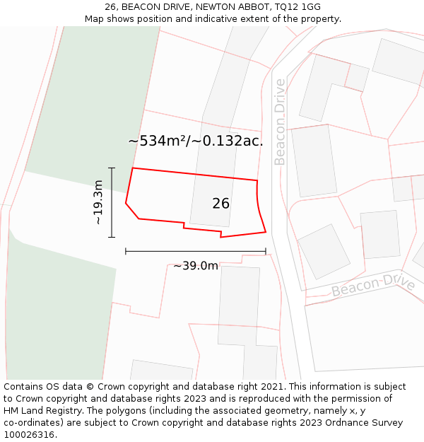26, BEACON DRIVE, NEWTON ABBOT, TQ12 1GG: Plot and title map