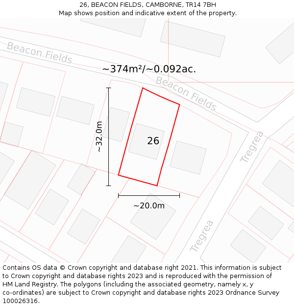 26, BEACON FIELDS, CAMBORNE, TR14 7BH: Plot and title map