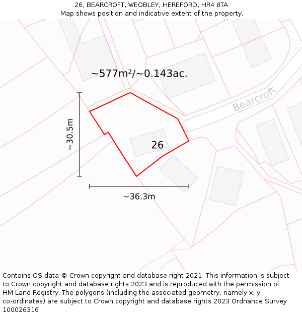 26, BEARCROFT, WEOBLEY, HEREFORD, HR4 8TA: Plot and title map