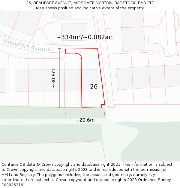 26, BEAUFORT AVENUE, MIDSOMER NORTON, RADSTOCK, BA3 2TG: Plot and title map