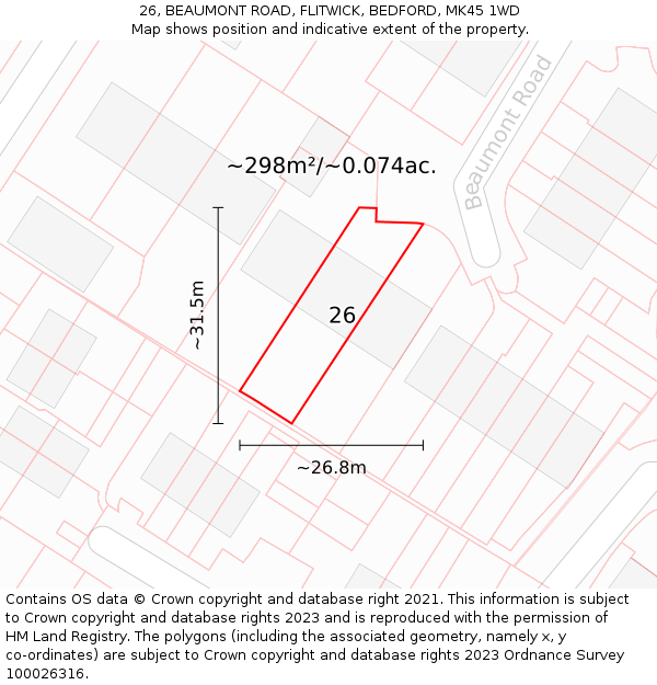 26, BEAUMONT ROAD, FLITWICK, BEDFORD, MK45 1WD: Plot and title map
